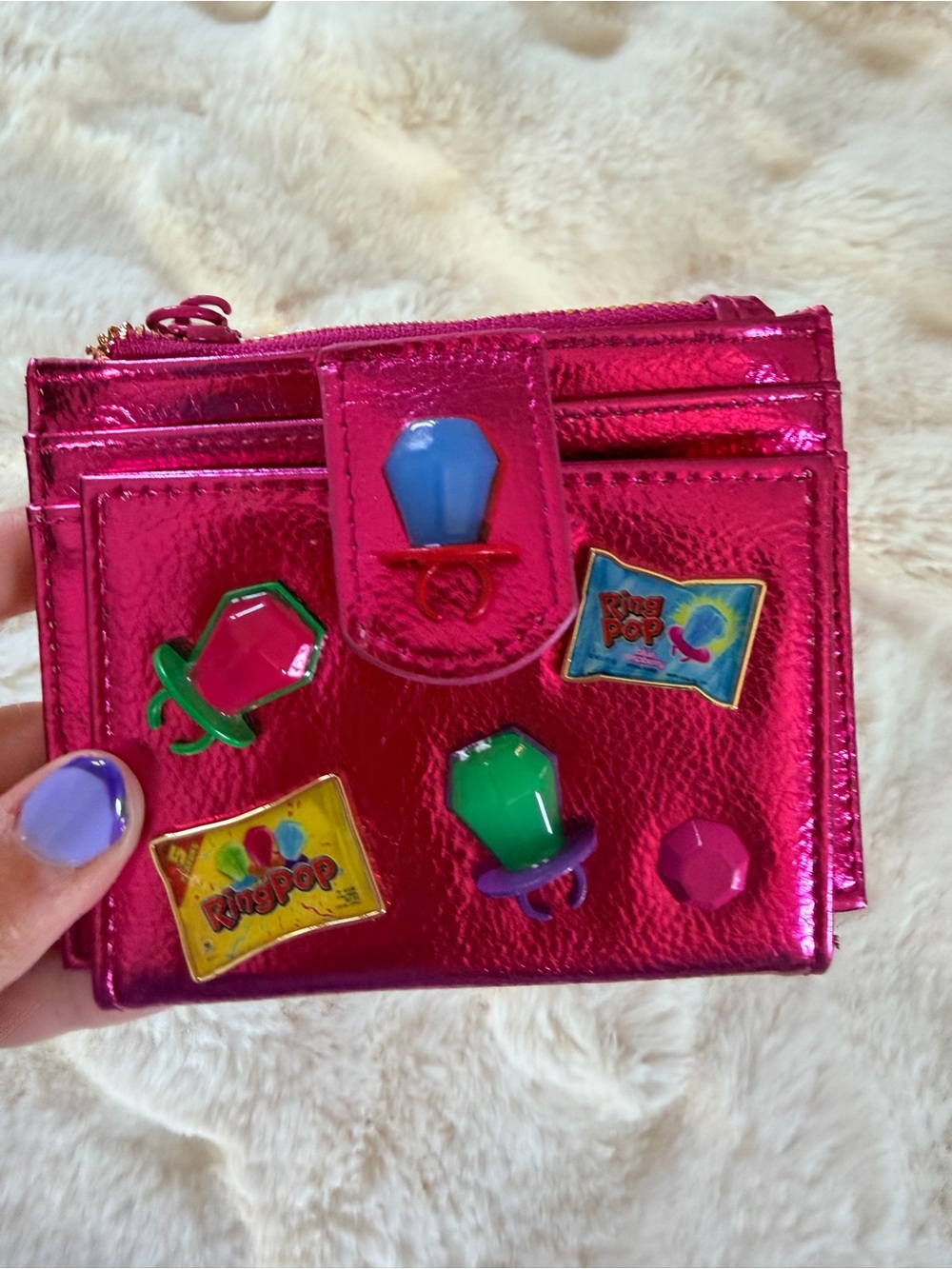 Betsey Johnson Pink Metallic Card Holder Wallet with Colorful Ring Pop Accents - Picture 8 of 12